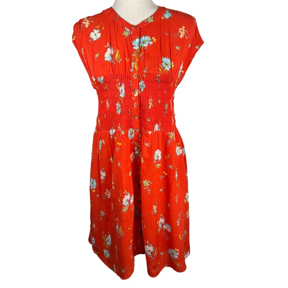 Free People Dresses & Skirts - Free People Floral Dress Womens Large Red Rayon Boho Smocked Button Front Summer
